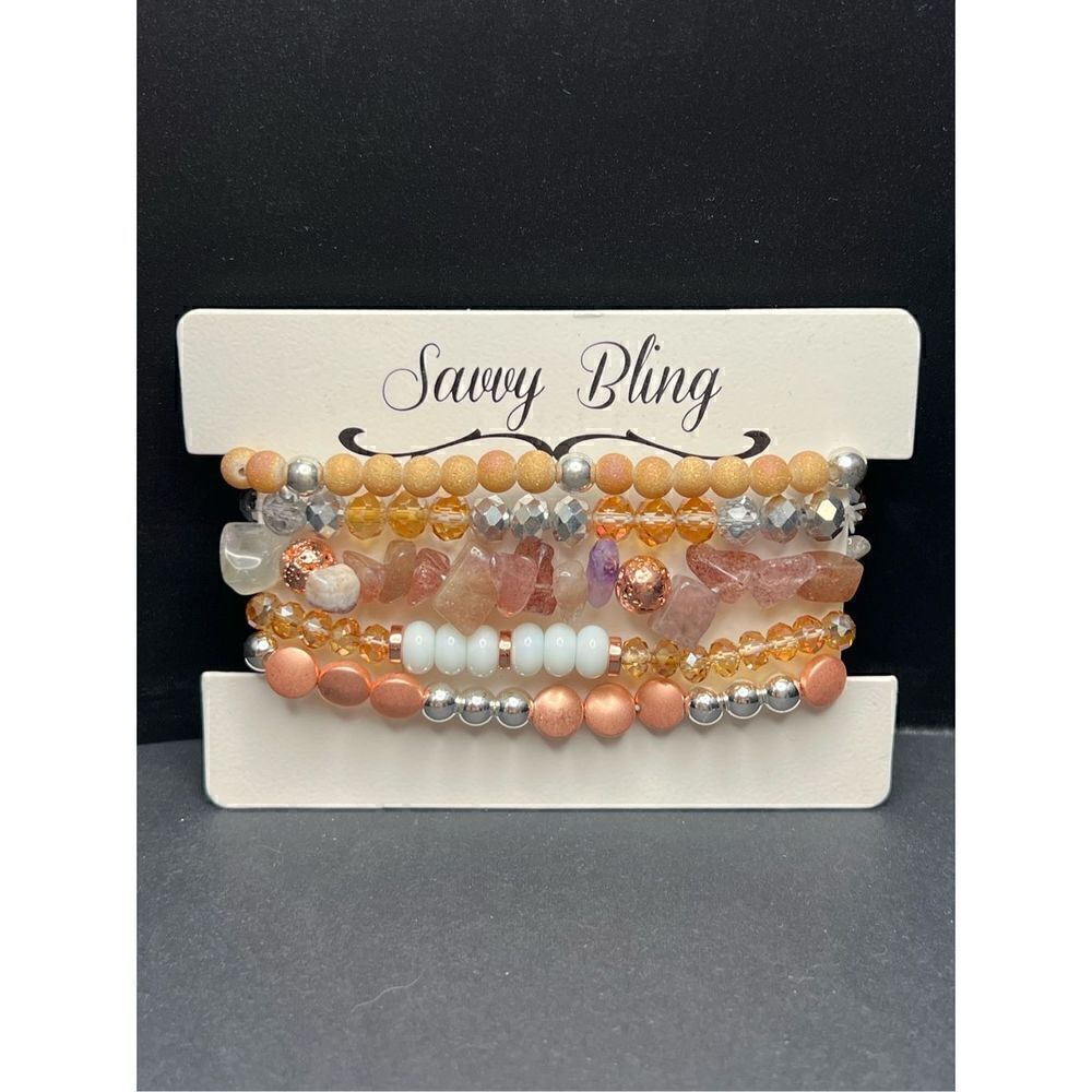 New! Savvy Bling Pink Tan Silver Mixed Stretchy Fashion Bracelets 5 Piece Set